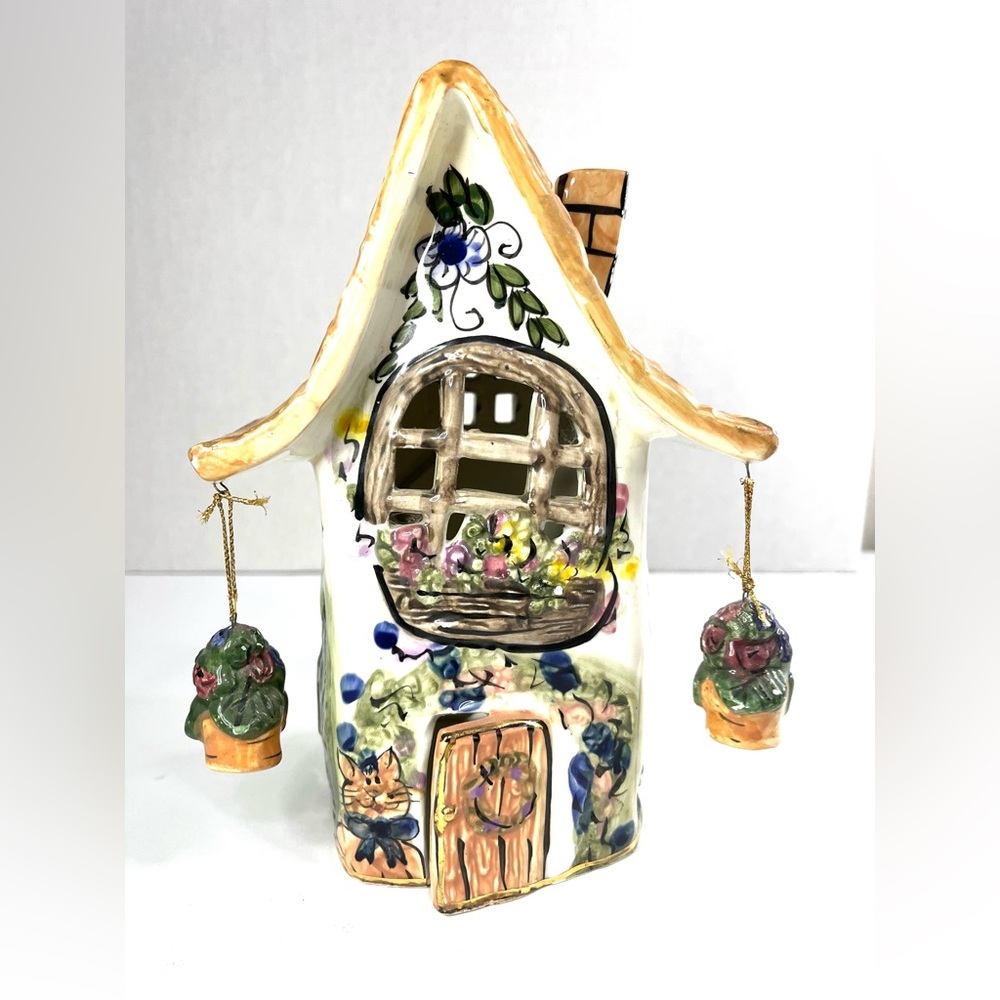 Blue Sky Heather Goldminc Tea light House Cottage Flower Cat Candle Holder